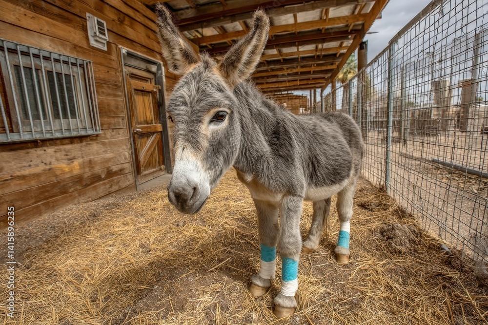 Obraz premium A donkey standing in a barn, showcasing a rustic wooden backdrop and a calm demeanor.