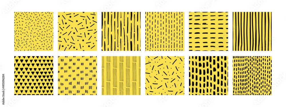 Small dash seamless pattern collection. Set of hand-drawn doodle textures on a yellow background. Cute minimalist textures with stars, lines, dashes. Perfect for kids design, fabric, wrapping paper