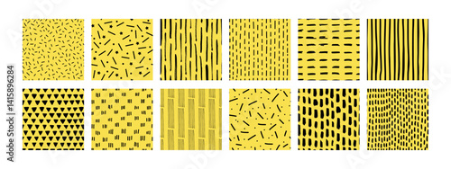 Obraz na płótnie Small dash seamless pattern collection. Set of hand-drawn doodle textures on a yellow background. Cute minimalist textures with stars, lines, dashes. Perfect for kids design, fabric, wrapping paper w salonie