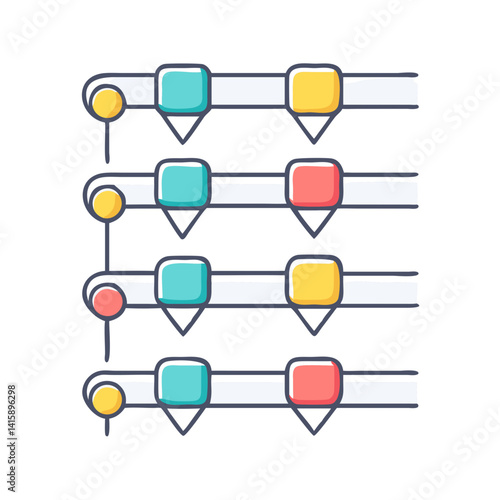 Colorful Illustrated Workflow Diagram with Connected Shapes and Pointers on the Left