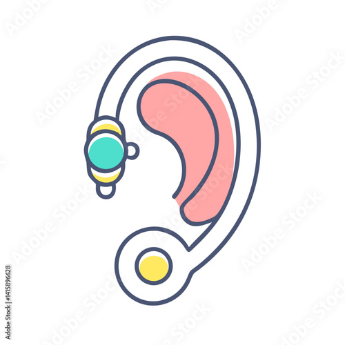 Stylized Illustration of an Ear with Helix and Lobe Piercings in Color