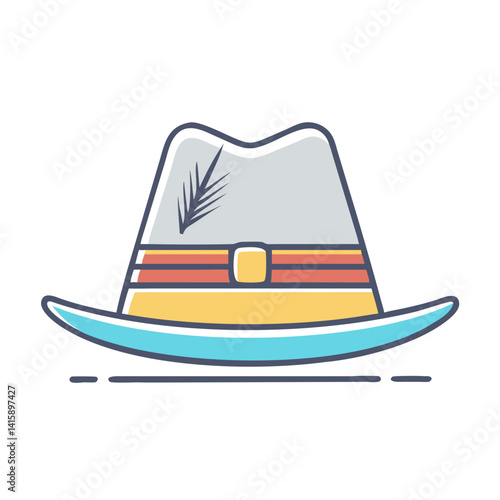 Stylized cartoon panama hat with vibrant colored stripes and feather accent