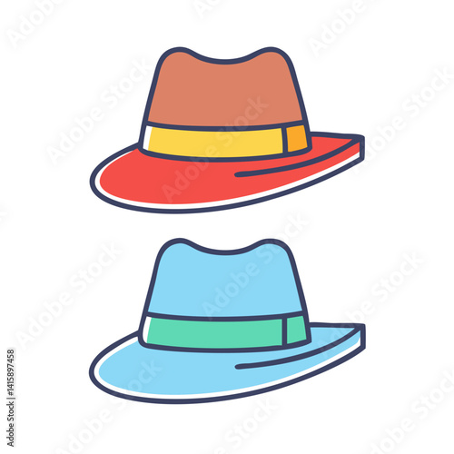 Stylish Fedora Hats in Complementary Colors with Bold Outlines Artwork