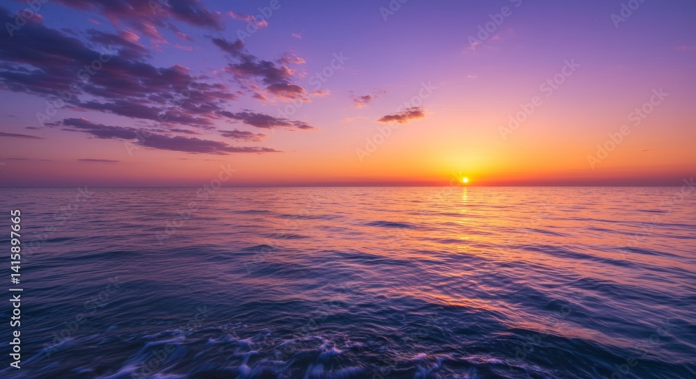 Naklejka premium Serene Sunset Over the Calm Sea - Peaceful ocean sunset, vibrant colors, tranquil waves, golden sun, serene atmosphere. Symbolizing peace, hope, tranquility, beauty, and renewal