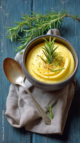 Creamy Mashed Potatoes With Rosemary Garnish on a Rustic Table Setting in Nat...