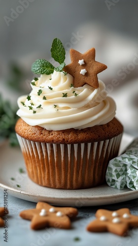 Holiday Cupcake With Frosting and Gingerbread Cookie Decoration on a Festive ...