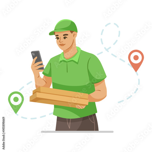 Delivery courier holding pizza boxes and looking at smartphone, cartoon style on white background. Concept of food delivery. Vector illustration