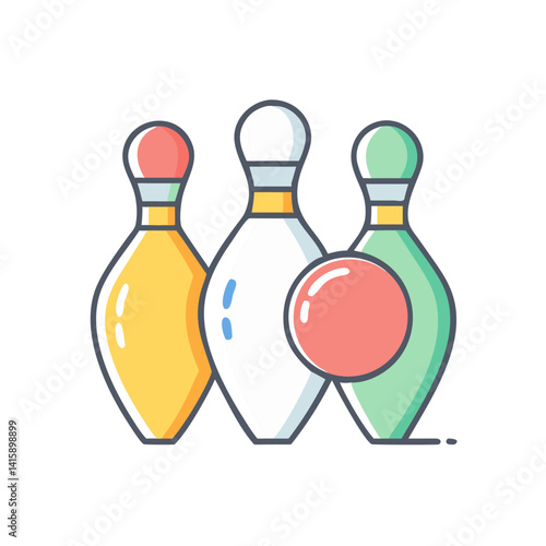 Colorful Cartoon Bowling Pins with Ball Ready for a Strike Action