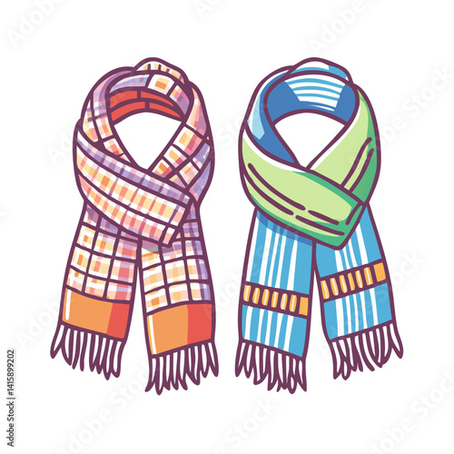 Two Colorful Cartoon Scarves, Plaid and Striped, for Autumn or Winter