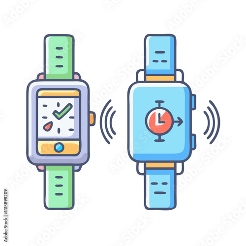 Two colorful smart watches with different interfaces showing connectivity and functionality