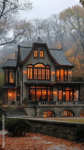 Enchanted Stone House Surrounded by Autumn Foliage in a Misty Forest Setting