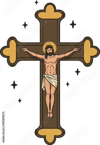 Jesus Christ crucifixion on traditional wooden cross with halo and stars minimal flat vector illustration