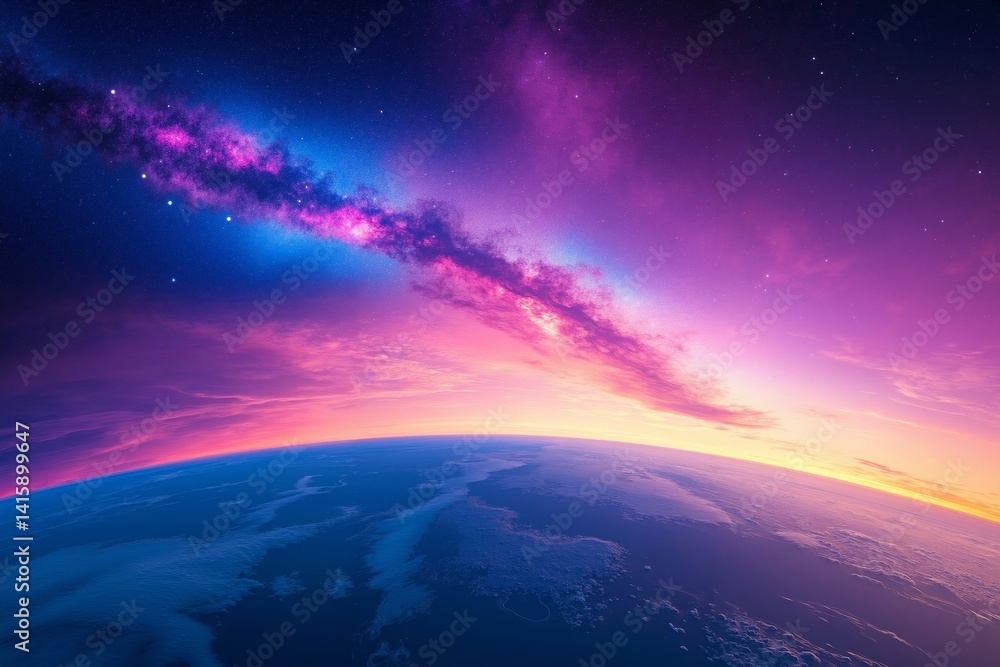 Fototapeta premium A view of the earth from space at sunset with a milky way in the sky