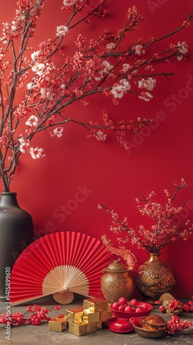 Decorated Table With Red Flowers and Traditional Items During Spring Festival...