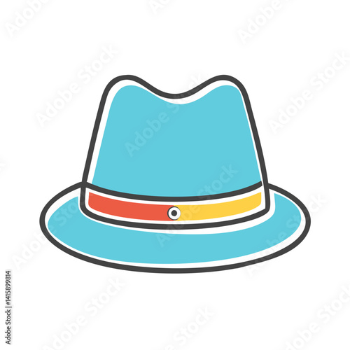 Stylized Blue Fedora Hat with Colorful Band and Simple Design