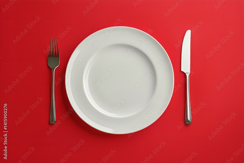 Elegant Table Setting With Empty White Plate and Silver Cutlery on Red Background
