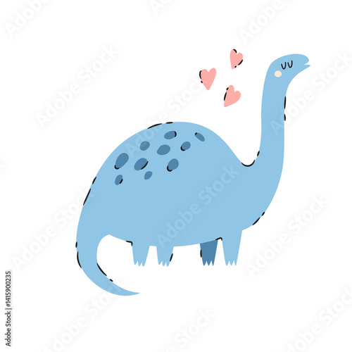 Funny cartoon dinosaur diplodocus in hand drawn playful style. Adorable prehistoric design perfect for prints, posters, t-shirts, decor.