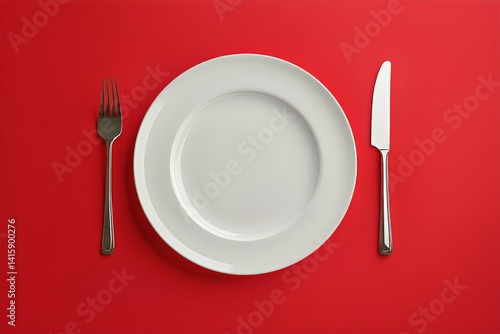 Obraz na płótnie Elegant Table Setting With Empty White Plate and Silver Cutlery on Red Background w salonie