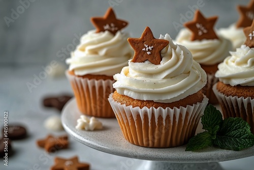 Delicious Cupcakes Topped With Star-Shaped Cookies and Whipped Cream Placed o...