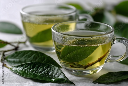 Herbal Tea Preparation With Fresh Leaves in Clear Glasses on a White Tablecloth
