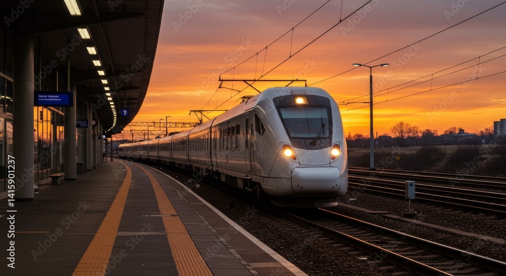 Fototapeta premium Sunrise Train Departure - Modern high-speed train departing station at sunrise. Scenic view of train tracks and platform