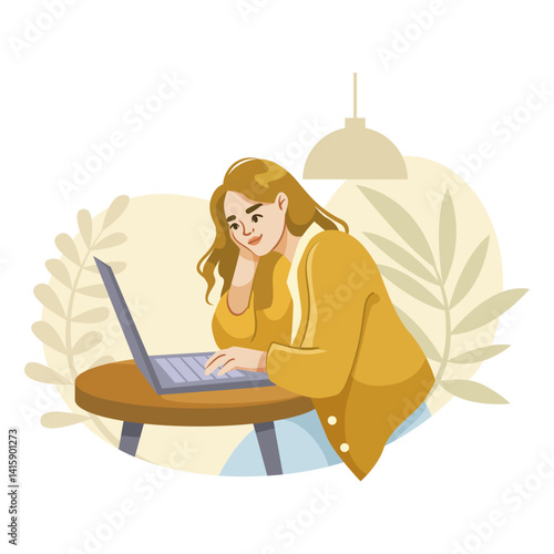 Woman freelancer working on laptop in a cafe, flat graphic style, indoor background with plants and lamp. Concept of remote work. Vector illustration