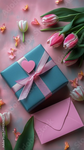 Beautiful Gift Wrapped With Bow and Surrounded by Flowers on a Pink Background