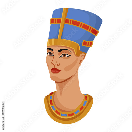 Ancient Egyptian queen bust with colorful attire and blue crown in flat style on white background. Concept of Egyptian history. Vector illustration