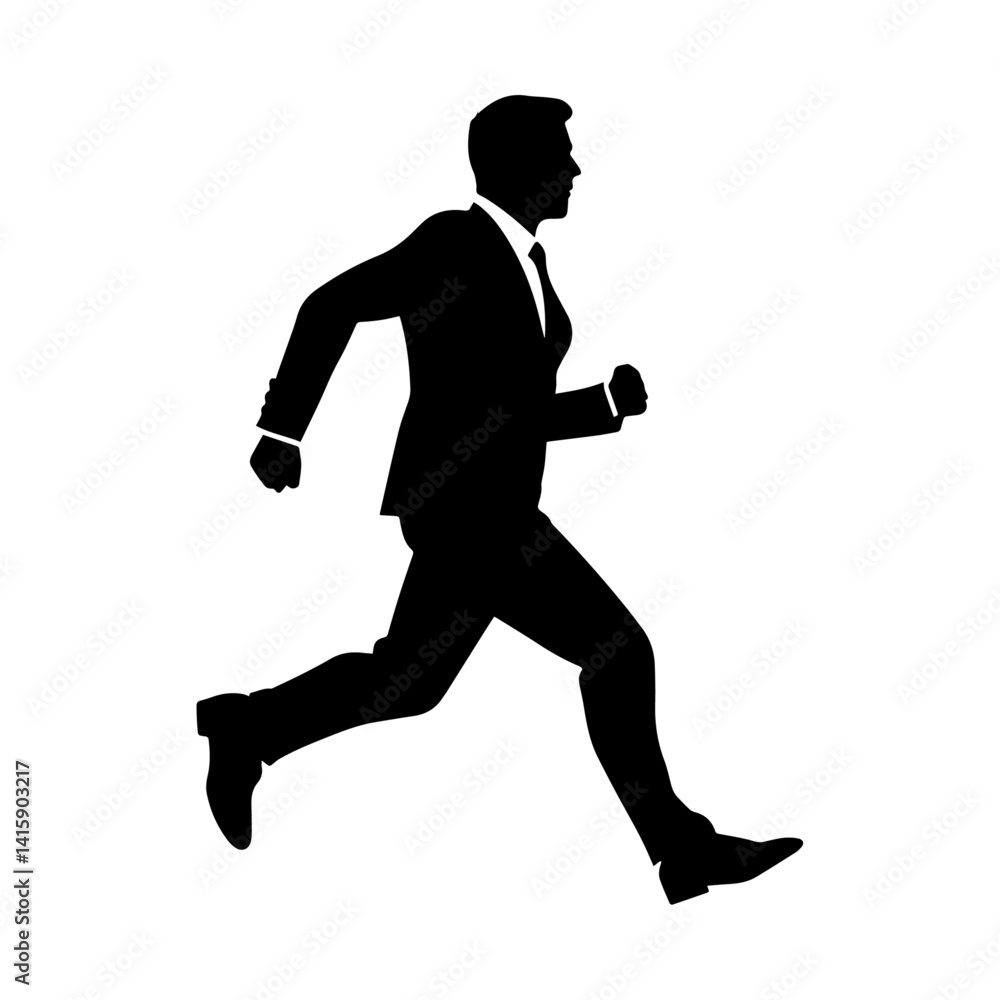 A black silhouette of a man in a suit running. A black silhouette of a man in a suit running.