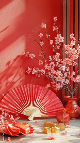 Decorative Chinese Themed Setting Featuring Fans, a Dragon Figure, and Cherry...