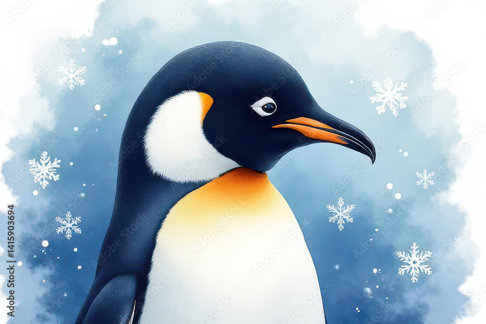 Naklejka premium Watercolor Penguin Portrait: Dreamy Snowflakes & Artistic Textures in High-Res Midjourney Style