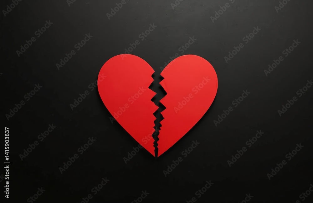 Broken red paper heart against black backdrop. Torn heart signifies heartbreak, sadness, loss, broken relationships, divorce. Symbol of pain, sorrow, longing, disappointment, loneliness. Suitable for Broken red paper heart against black backdrop. Torn heart signifies heartbreak, sadness, loss, broken relationships, divorce. Symbol of pain, sorrow, longing, disappointment, loneliness. Suitable for
