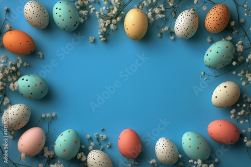 Colorful Decorated Eggs Arranged on a Blue Background for Spring Celebration