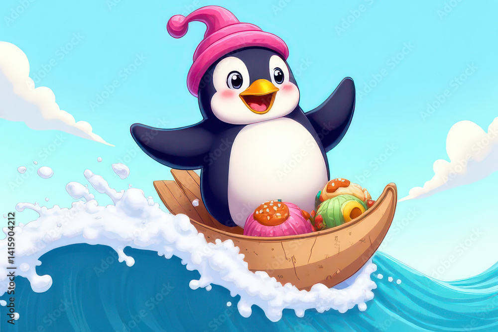 Naklejka premium Playful Cartoon Penguin Rides Ice Cream Wave: Colorful Kids Illustration