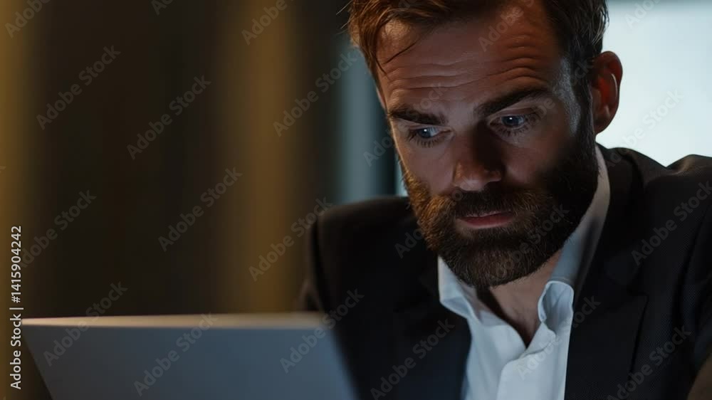 Serious Businessman Working Late Concentrated on Laptop Screen in Dim Office Serious Businessman Working Late Concentrated on Laptop Screen in Dim Office