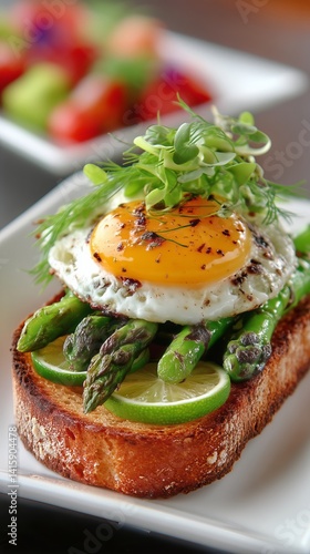 Delicious Toast Topped With Fried Egg, Asparagus, and Fresh Herbs in a Cozy D...