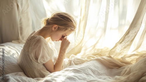 Wallpaper Mural A woman is sitting on a bed with her head down. She is wearing a white nightgown. Scene is sad and contemplative Torontodigital.ca