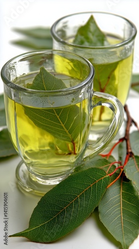 Fresh Herbal Tea Served in Transparent Mugs With Bay Leaves on a Light Backgr...