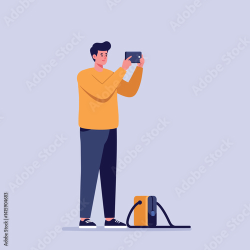 Young man in casual clothing using smartphone while charging electric scooter flat minimalist vector illustration