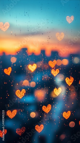 Beautiful Hearts Glow on a Rainy Window During Sunset in a City