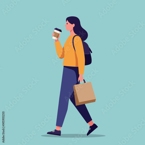 Young woman walking with coffee cup and shopping bag in casual outfit flat design vector illustration