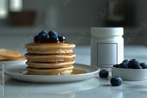 Breakfast Featuring Stacked Pancakes Topped With Blueberries and Syrup in a M...
