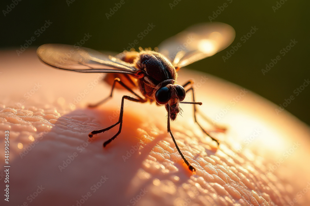 Macro Close-Up: Realistic Mosquito Landing on Human Skin with Sharp Wing Details and Sunlight Highlight Macro Close-Up: Realistic Mosquito Landing on Human Skin with Sharp Wing Details and Sunlight Highlight
