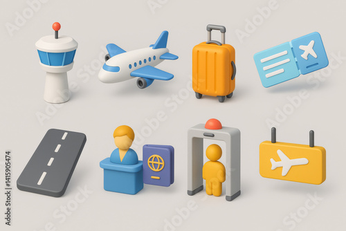 3d render of airport elements: airplane, suitcase, boarding pass, passport, control tower, and security checkpoint