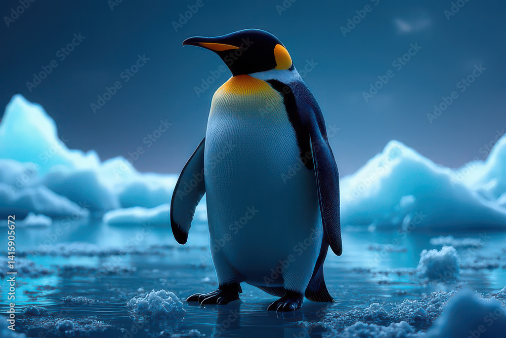 Fototapeta premium Cyberpunk Emperor Penguin: Neon Reflections in Futuristic Icy Environment Digital Art