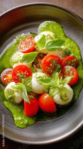 Fresh Mozzarella and Cherry Tomato Salad Garnished With Basil and Pesto on a ...