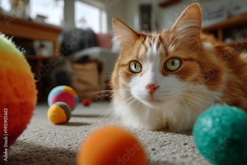 Curious Orange Cat Playing With Colorful Balls in a Cozy Indoor Setting