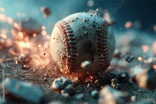 Baseball Exploding From Impact With Debris in Outdoor Field During Evening Light