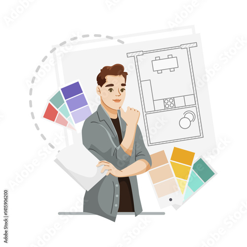 Male interior designer standing with color swatches and blueprint on white background, representing creativity and planning. Vector illustration