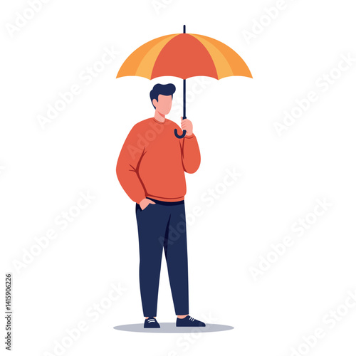 Young man standing with orange and yellow umbrella in minimal flat style casual clothing vector illustration